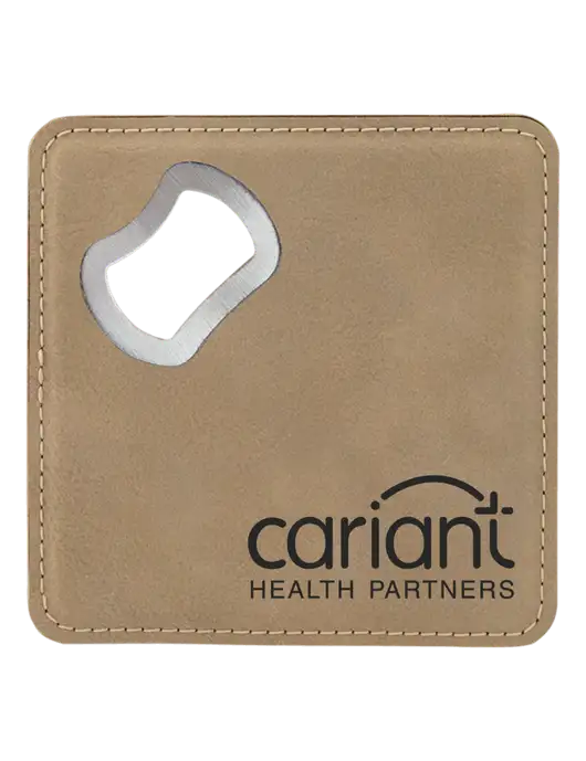 Cariant Tan Leatherette Bottle Opener Coaster w/Cariant Logo