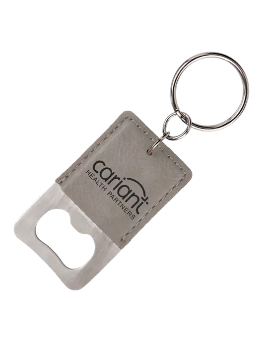 Cariant Grey Leatherette Rectangle Bottle Opener Keychain w/Cariant Logo