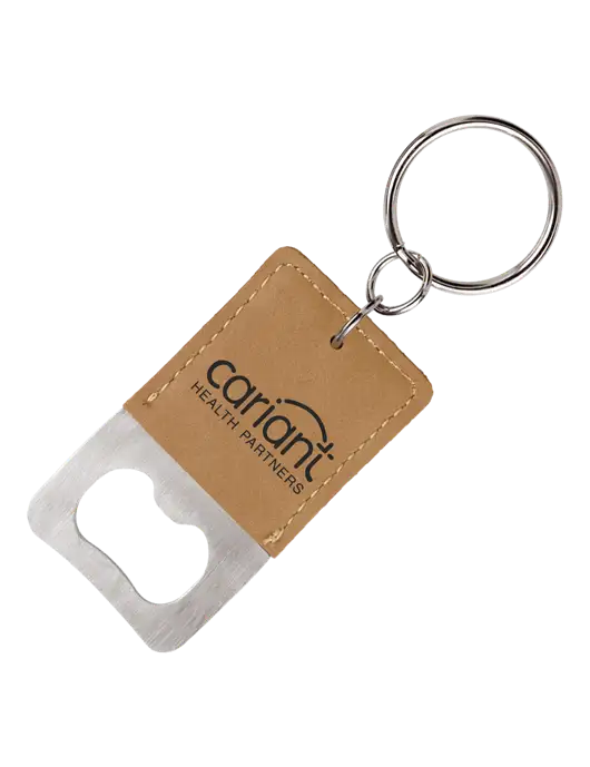 Cariant Tan Leatherette Rectangle Bottle Opener Keychain w/Cariant Logo