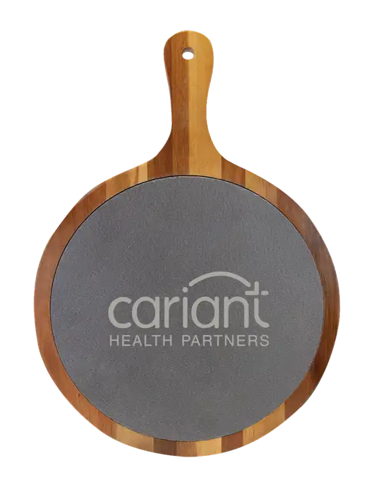 Cariant Acacia Wood & Slate Round Cutting Board & Handle 10.5 x 14.5 w/Cariant Logo