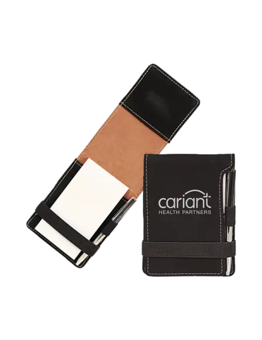 Cariant Black Leatherette Mini Notepad with Pen,  3.25 x 4.75 w/Cariant Logo