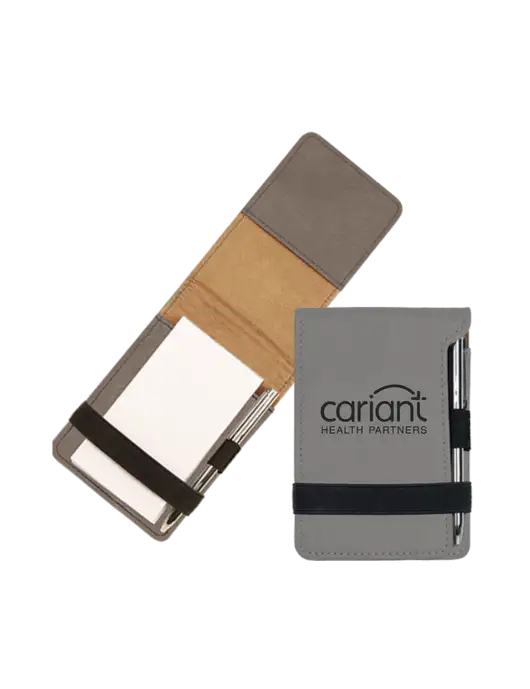 Cariant Grey Leatherette Mini Notepad with Pen,  3.25 x 4.75 w/Cariant Logo