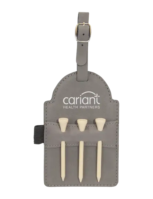Cariant Grey Leatherette Golf Bag Tag with 3 Wooden Tees w/Cariant Logo