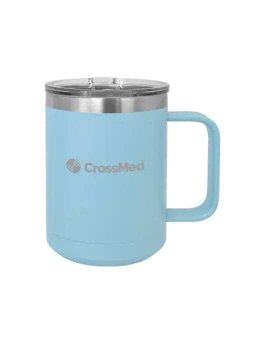 CrossMed Polar Camel 15 oz Powder Coated Light Blue Vacuum Insulated Mug with Slider Lid w/CrossMed Logo