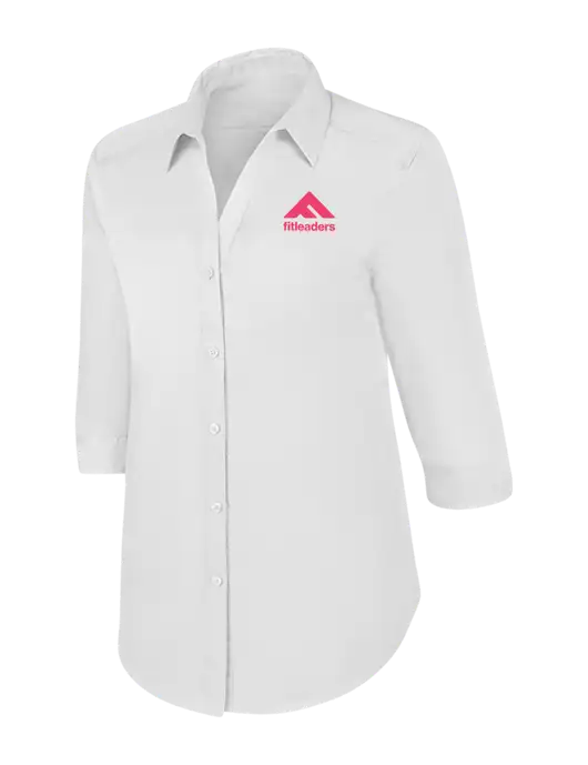 FitLeaders Womens White 3/4 Sleeve Carefree Poplin Shirt w/FitLeaders logo