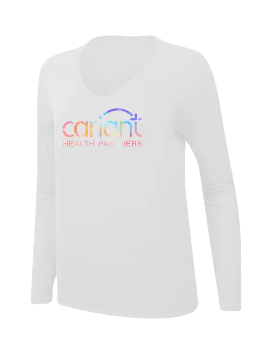 Cariant Womens  V-Neck Ring Spun White 4.5 oz Long Sleeve T-Shirt w/Cariant Tie Dye Logo