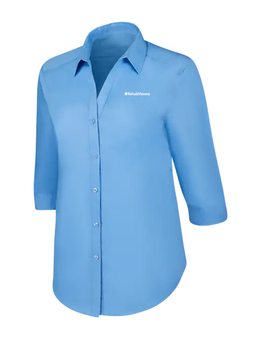 RehabVisions Womens Carolina Blue 3/4 Sleeve Carefree Poplin Shirt w/RehabVisions Logo