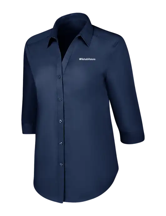 RehabVisions Womens River Blue Navy 3/4 Sleeve Carefree Poplin Shirt w/RehabVisions Logo