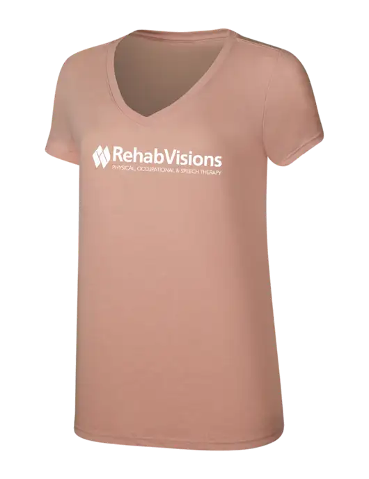 RehabVisions Womens Simply Soft V-Neck Heather Dusty Peach 4.5oz  Poly/Combed Ring Spun Cotton T-Shirt w/RehabVisions Logo