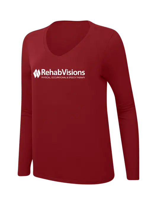 RehabVisions Womens  V-Neck Ring Spun Bright Red 4.5 oz Long Sleeve T-Shirt w/RehabVisions Logo