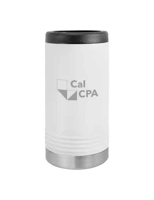 CalCPA Polar Camel Powder Coated White Vacuum Insulated Slim Beverage Holder w/CalCPA Logo