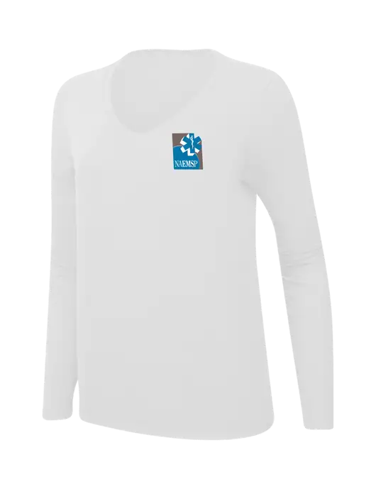 NAEMSP Womens  V-Neck Ring Spun White 4.5 oz Long Sleeve T-Shirt w/NAEMSP Logo