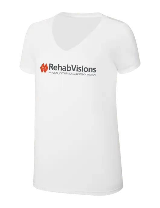 RehabVisions Womens Simply Soft V-Neck White 4.5oz  Poly/Combed Ring Spun Cotton T-Shirt w/RehabVisions Logo