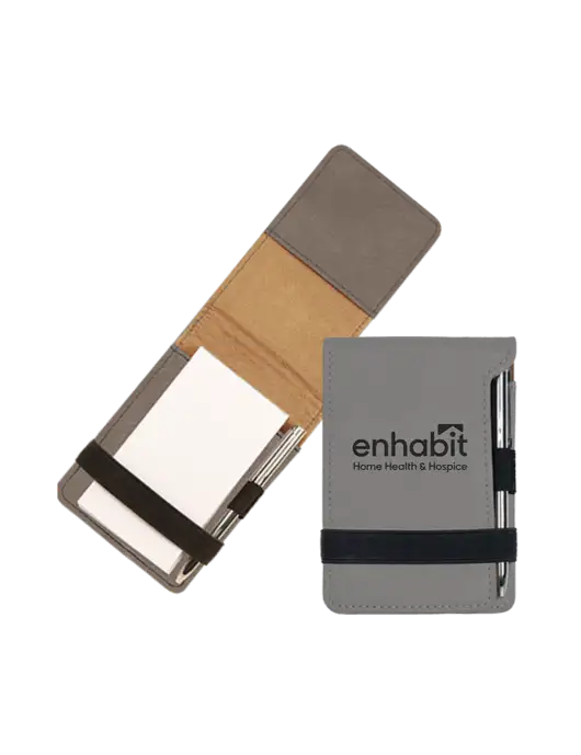 Enhabit Grey Leatherette Mini Notepad with Pen,  3.25 x 4.75 w/Enhabit Logo