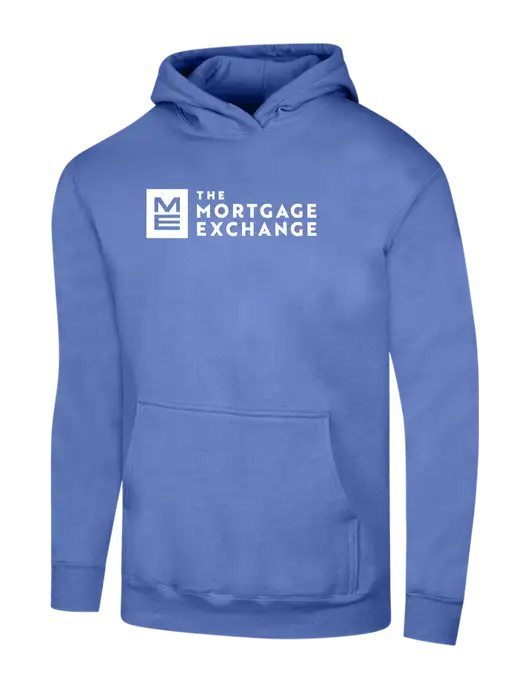 The Mortgage Exchange Carolina Blue 7.8 oz Ring Spun Hooded Sweatshirt w/Mortgage Exchange Logo
