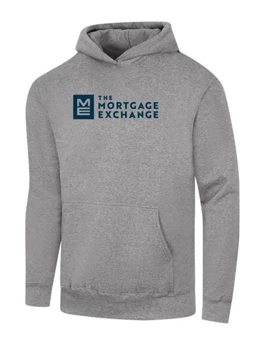 The Mortgage Exchange Light Grey Heather 7.8 oz Ring Spun Hooded Sweatshirt w/Mortgage Exchange Logo