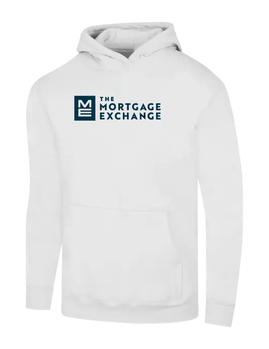 The Mortgage Exchange White 7.8 oz Ring Spun Hooded Sweatshirt w/Mortgage Exchange Logo