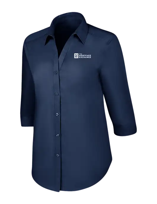 The Mortgage Exchange Womens River Blue Navy 3/4 Sleeve Carefree Poplin Shirt w/Mortgage Exchange Logo