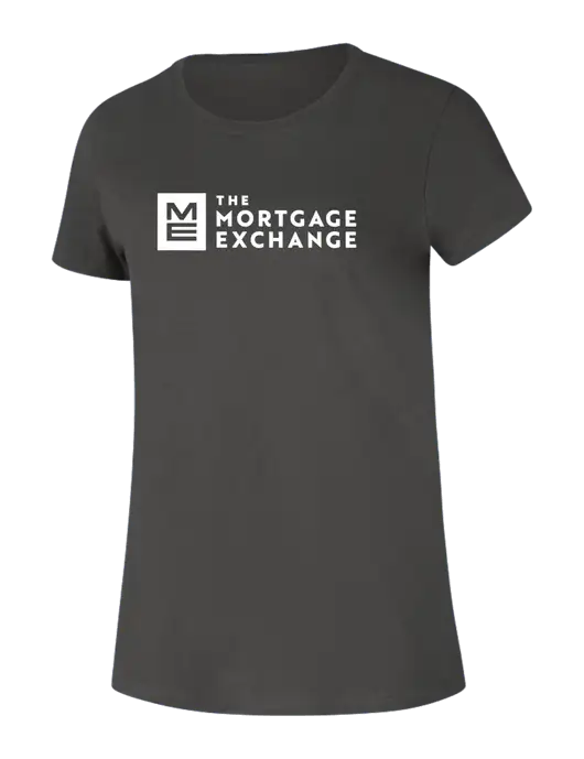 The Mortgage Exchange Womens Ring Spun Charcoal 4.5 oz T-Shirt w/Mortgage Exchange Logo