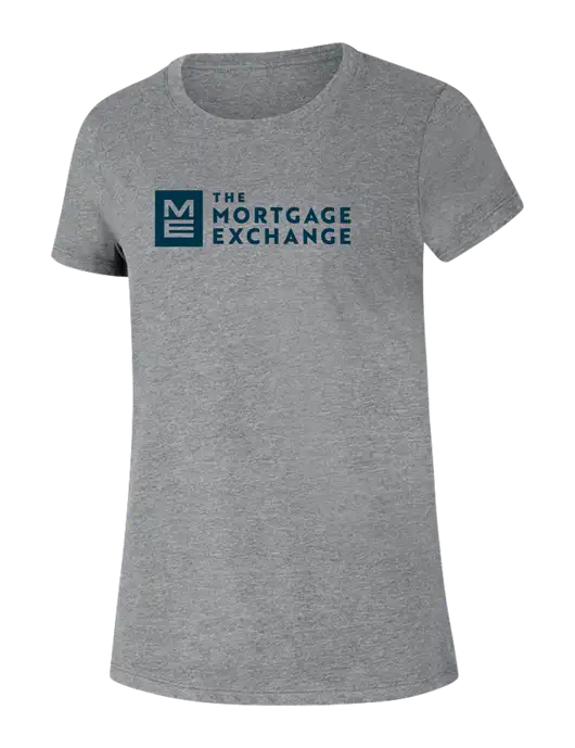 The Mortgage Exchange Womens Ring Spun Light Grey Heather 4.5 oz T-Shirt w/Mortgage Exchange Logo