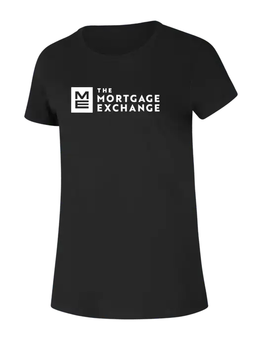 The Mortgage Exchange Womens Ring Spun Jet Black 4.5 oz T-Shirt w/Mortgage Exchange Logo