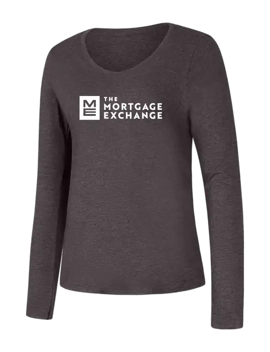 The Mortgage Exchange Womens Seriously Soft Heathered Charcoal V-Neck Long Sleeve T-Shirt w/Mortgage Exchange Logo