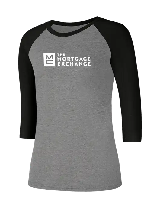 The Mortgage Exchange Womens Simply Soft 3/4 Sleeve Black Frost/Grey Frost Ring Spun Cotton T-Shirt w/Mortgage Exchange Logo