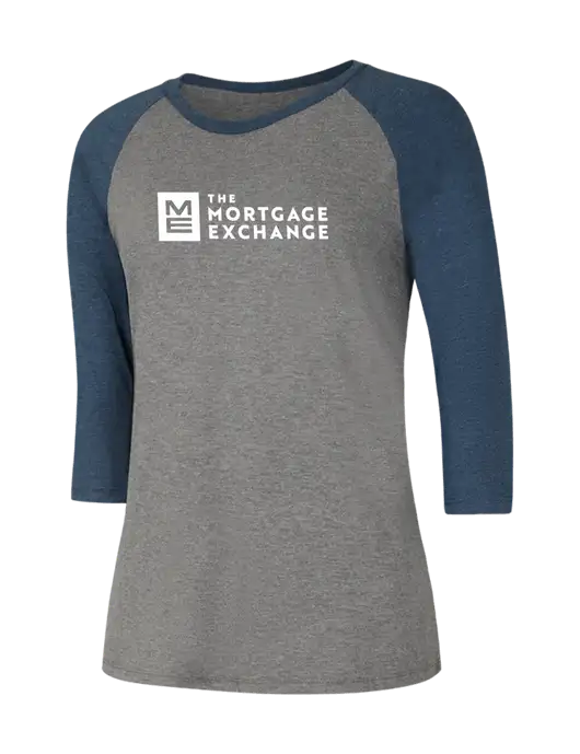 The Mortgage Exchange Womens Simply Soft 3/4 Sleeve Navy Frost/Grey Frost Ring Spun Cotton T-Shirt w/Mortgage Exchange Logo