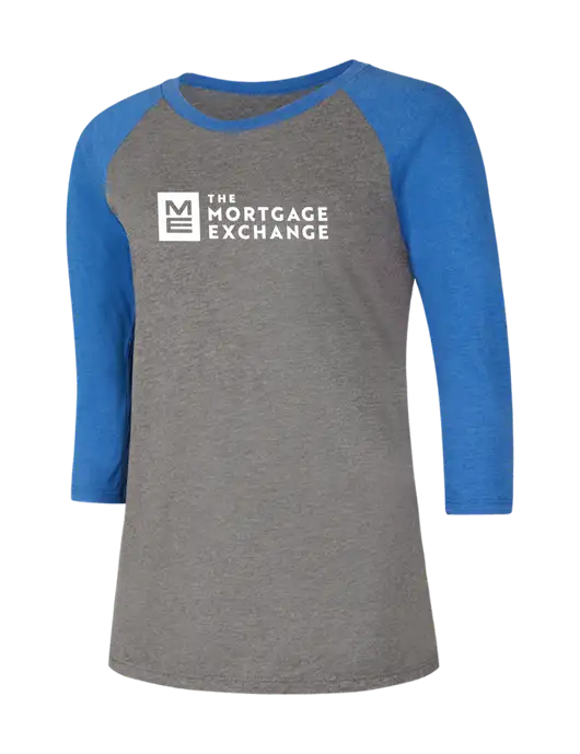 The Mortgage Exchange Womens Simply Soft 3/4 Sleeve Royal Frost/Grey Ring Spun Cotton T-Shirt w/Mortgage Exchange Logo