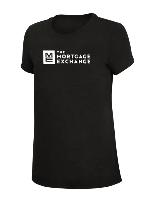 The Mortgage Exchange Womens Simply Soft Black 4.5oz Poly/Combed Ring Spun Cotton T-Shirt w/Mortgage Exchange Logo
