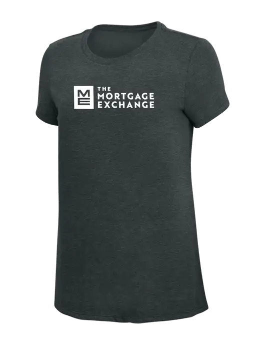The Mortgage Exchange Womens Simply Soft Black Frost 4.5oz Poly/Combed Ring Spun Cotton T-Shirt w/Mortgage Exchange Logo