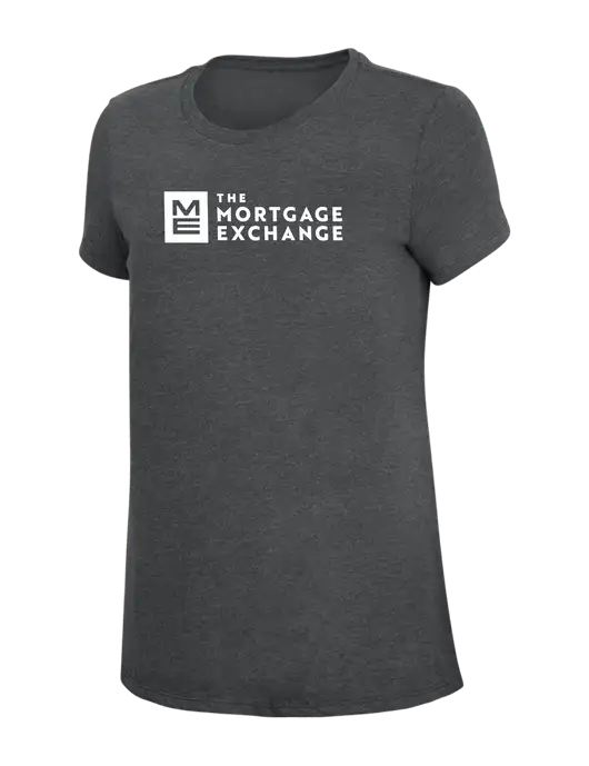 The Mortgage Exchange Womens Simply Soft Charcoal 4.5oz Poly/Combed Ring Spun Cotton T-Shirt w/Mortgage Exchange Logo