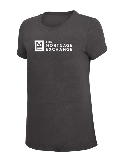 The Mortgage Exchange Womens Simply Soft Heather Charcoal 4.5oz  Poly/Combed Ring Spun Cotton T-Shirt w/Mortgage Exchange Logo