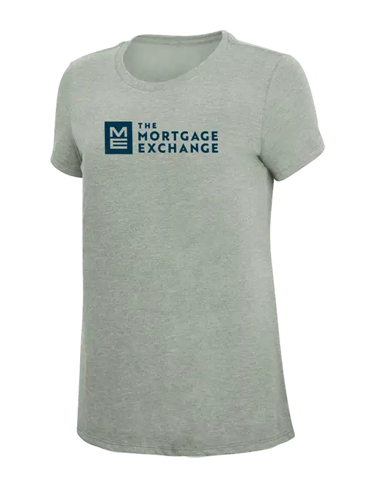 The Mortgage Exchange Womens Simply Soft Heathered Light Grey 4.5oz Poly/Combed Ring Spun Cotton T-Shirt w/Mortgage Exchange Logo