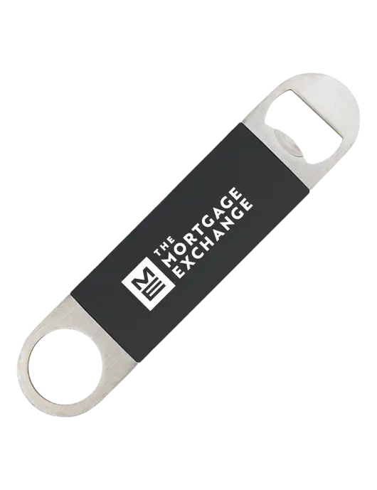 The Mortgage Exchange Black Bottle Opener with Silicone Grip w/Mortgage Exchange Logo