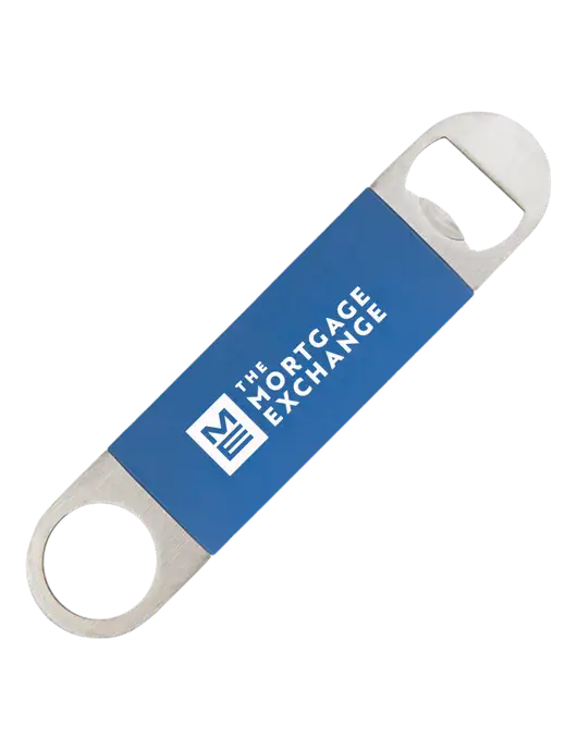 The Mortgage Exchange Royal Bottle Opener with Silicone Grip w/Mortgage Exchange Logo