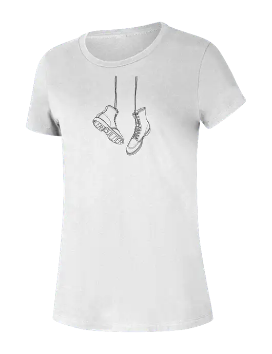 The Lean Builder Womens Seriously Soft White T-Shirt w/Dangling Boots Logo
