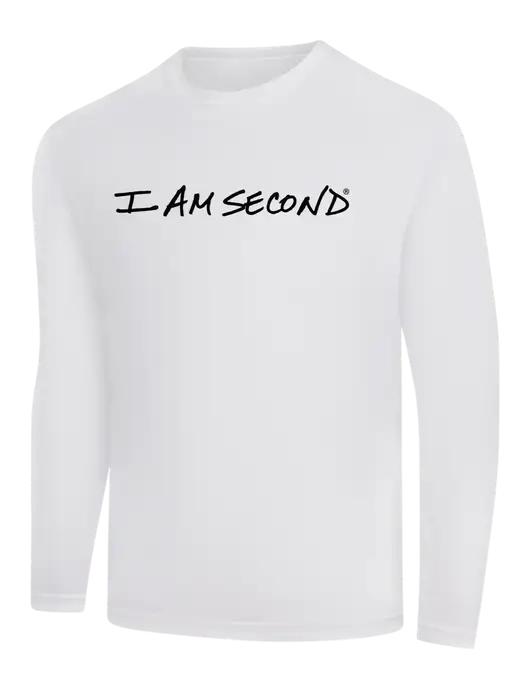 I Am Second Long Sleeve White PosiCharge Competitor Tee w/I Am Second Logo