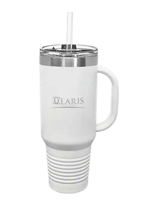 Anders CPA Polar Camel 40 oz. Powder Coated Vacuum Insulated White Travel Mug with Straw w/Claris Logo