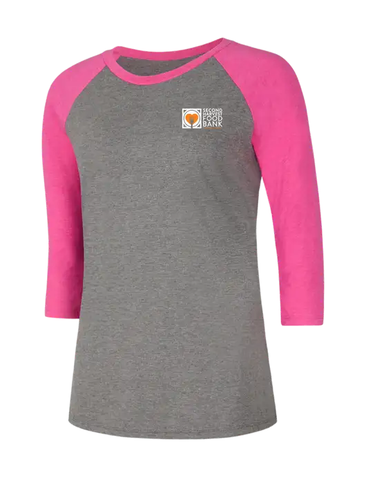 Second Harvest Womens Simply Soft 3/4 Sleeve Fuchsia Frost/Grey Frost Ring Spun Cotton T-Shirt w/Second Harvest Logo