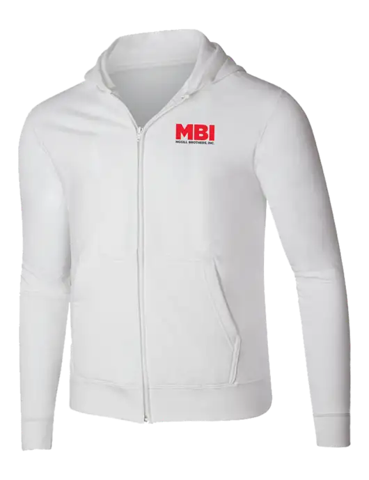 MBI White 8.5 oz Ring Spun Zip Hooded Sweatshirt w/MBI Logo