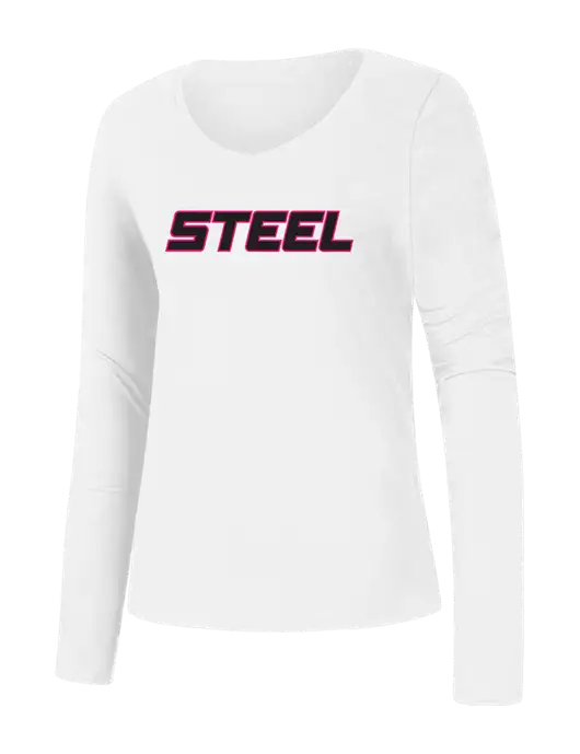 Steel Partners Womens Seriously Soft White V-Neck Long Sleeve T-Shirt w/Steel Partners Logo