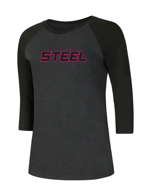 Steel Partners Womens Simply Soft 3/4 Raglan Sleeve Black/Black Frost 4.5 oz, Poly/Combed Ring Spun Cotton T-Shirt w/Steel Partners Logo