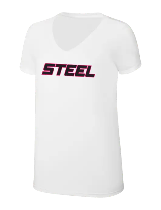 Steel Partners Womens Simply Soft V-Neck White 4.5oz  Poly/Combed Ring Spun Cotton T-Shirt w/Steel Partners Logo