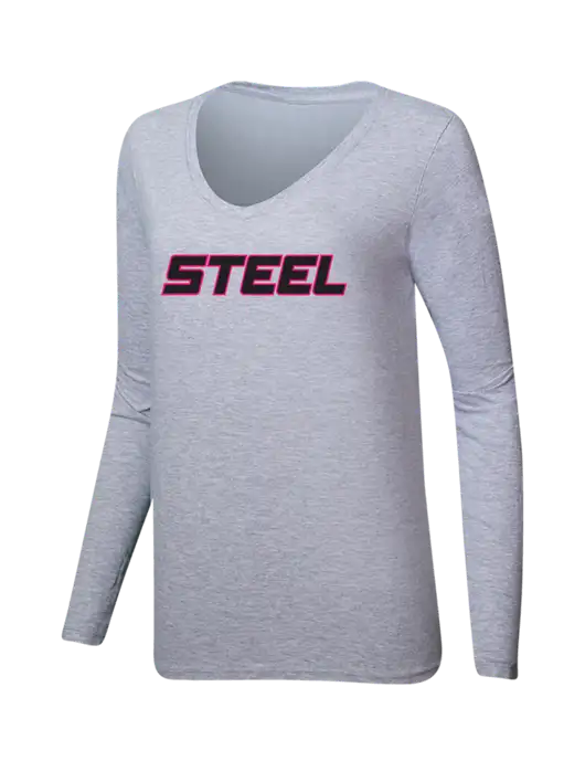 Steel Partners Womens  V-Neck Ring Spun Grey Heather 4.5 oz Long Sleeve T-Shirt w/Steel Partners Logo