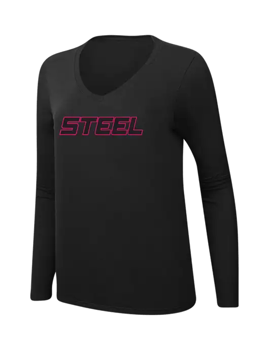 Steel Partners Womens V-Neck Ring Spun Jet Black 4.5 oz Long Sleeve T-Shirt w/Steel Partners Logo