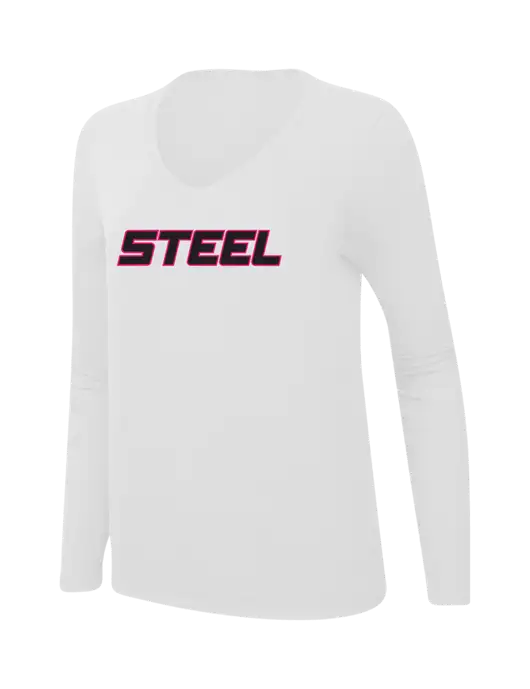 Steel Partners Womens  V-Neck Ring Spun White 4.5 oz Long Sleeve T-Shirt w/Steel Partners Logo
