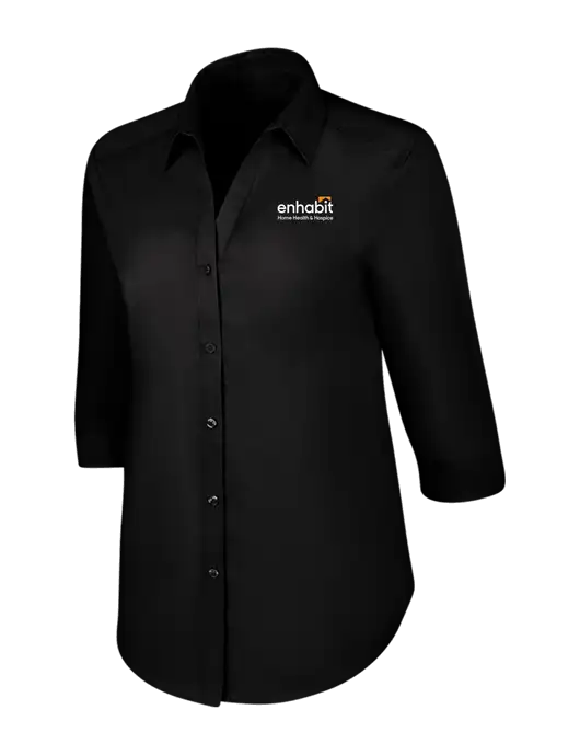 Enhabit Womens Black 3/4 Sleeve Carefree Poplin Shirt w/Enhabit Logo
