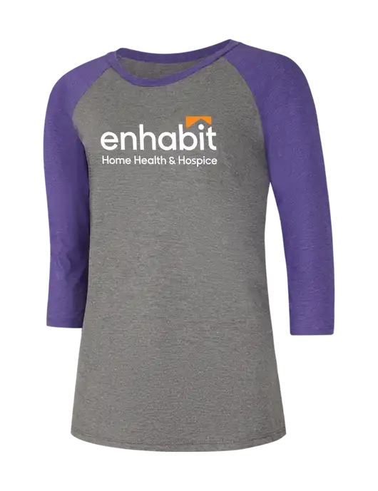 Enhabit Womens Simply Soft 3/4 Raglan Sleeve Purple Frost/Grey Frost 4.5 oz, Poly/Combed Ring Spun Cotton T-Shirt w/Enhabit Logo