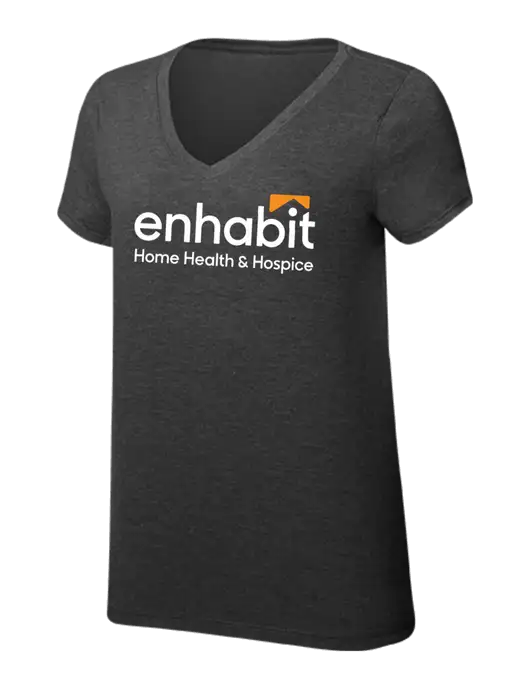 Enhabit Womens Simply Soft V-Neck Black Frost 4.5oz  Poly/Combed Ring Spun Cotton T-Shirt w/Enhabit Logo